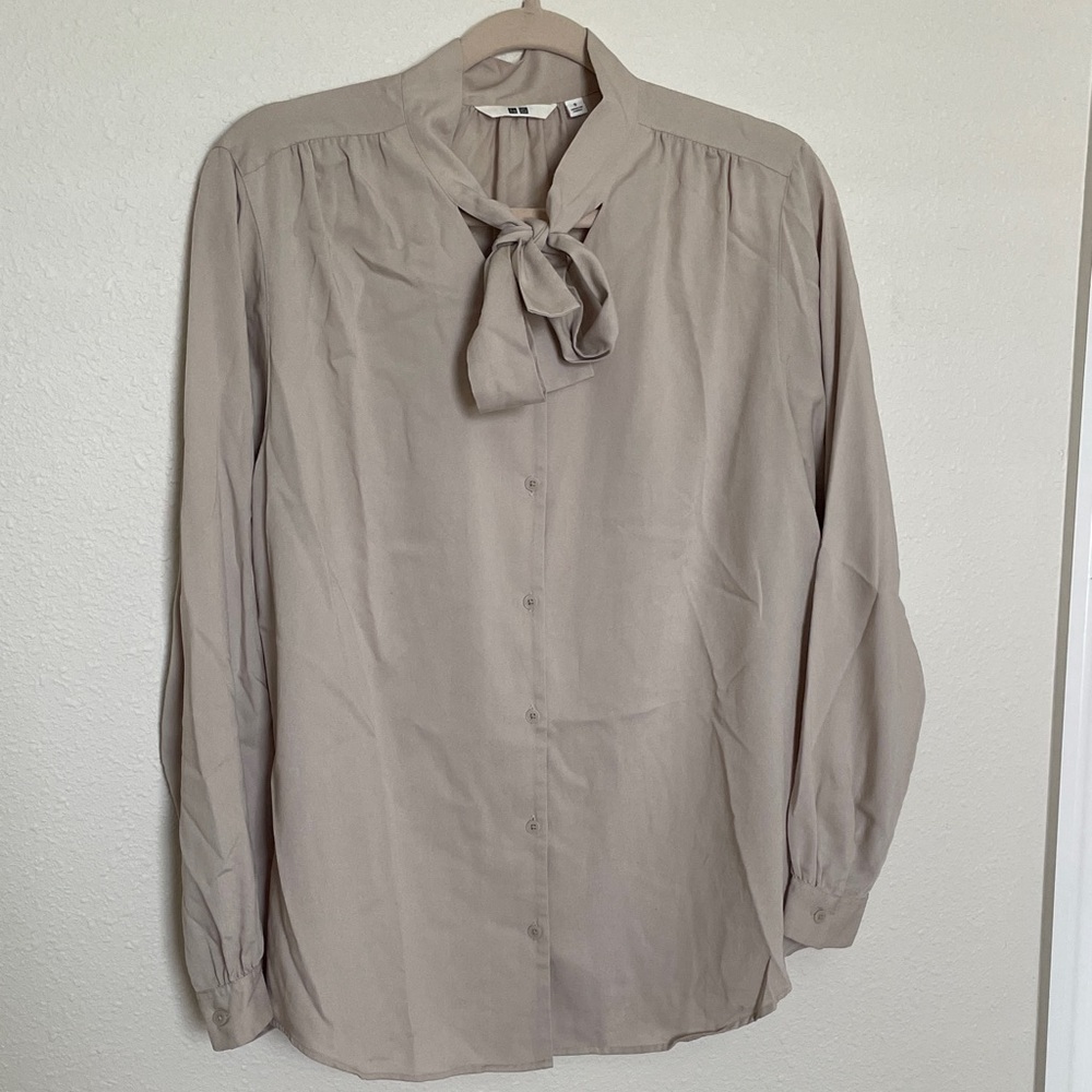 Uniqlo Tie-Neck Button-Front Blouse - Taupe